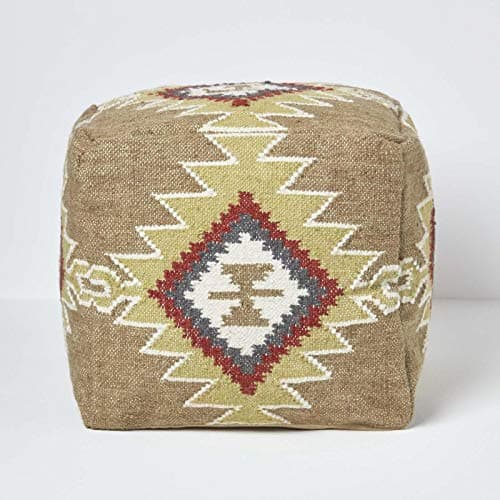 Image of HOMESCAPES Handmade Kilim Pouffe Brown & Orange Footstool with Bean Filling 43 x 43 cm (17 x 17”) Traditional Indian Handwoven Embroidered Wool & Cotton Square Beanbag with Geometric “Jaipur” Design