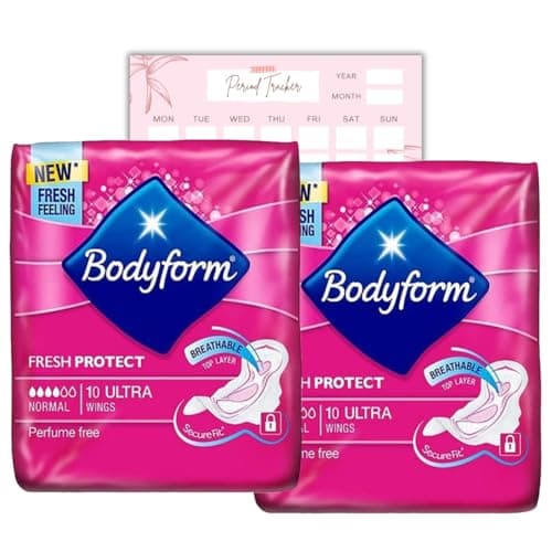 Image of Body Form 10 Ultra Sanitary Towels with Wings Pack of 2, 20 (10 x 2 Packs) Perfume Free Period Pads, Normal Flow Cour-V Ultra with Caliko Period Tracker
