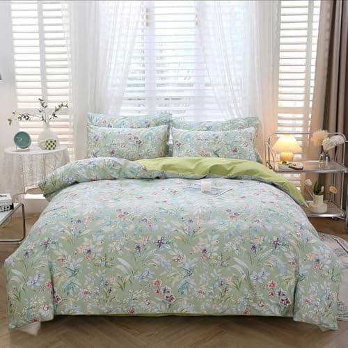 Image of STYHO 3 Pieces Green Floral Bedding Sets Double Size Egyptian Cotton Flower Duvet Covers with Pillowcases Ultra Soft Botanical Duvet Cover Set for Women Adults(Green Floral, Double)
