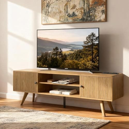 Image of Manora 140cm Oak TV Stand TVs up to 55 Inch,Wooden TV Unit for Living Room,TV Stand Cabinet with Storage,Wood Entertainment Center with Open Shelves & Cabinet Doors,Modern Farmhouse Style,Light Oak