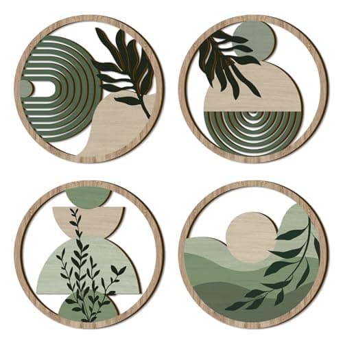Image of TOARTi 4PCS Green Boho Wooden Wall Art Decor Bohemian Botanical Hanging Wooden Sign Minimalist Hanging Art Wall Decor for Farmhouse Bedroom Living Room Office,11x11inch