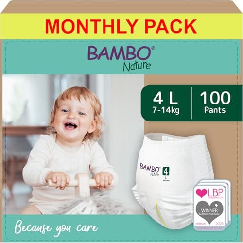 Image of Bambo Nature Premium Training Pants, Size 4 (7-12kg), L, 100PK, Pull Ups, Pull Ups, Eco-Labelled Potty Training Nappy Pants, Secure, Comfortable, Discreet for Active Day and Comfy Night's Sleep