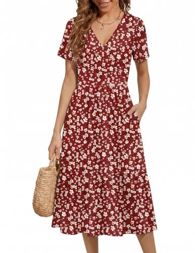 Image of Zeagoo Womens Dresses Short Sleeve V Neck Dress Summer Casusl Ladies Dresses Floral Beach Midi Dress with Pockets Red Flowers M
