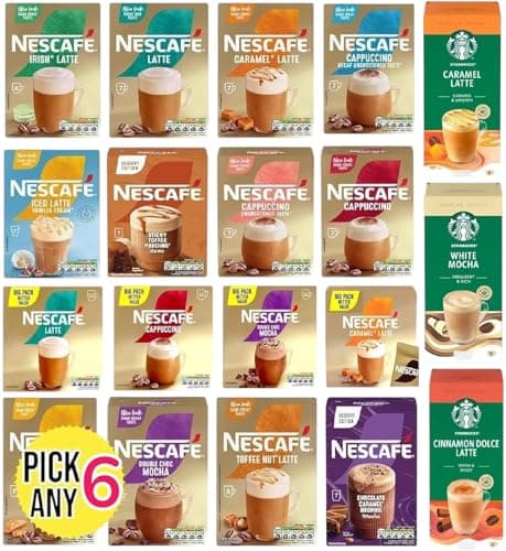 Image of Nescafe Instant Coffee Sachets Pick Any 6 Packs From 20+ Flavours Inc. Salted Caramel, Cappuccino, Decaf, Latte, vanilla, Mocha, Toffee Nut, Skinny, Almond, Starbucks and More.