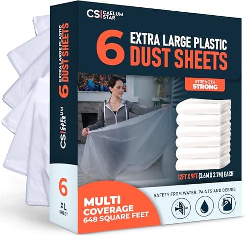Image of CS 6 Pack Plastic Dust Sheets for Decorating 3.6 x 2.7m (12x9 ft), Extra Large Dust Sheets for Painting, Clear Plastic Sheet Polythene Sheeting Painting Tools, Decorating Tools, Home Improvement