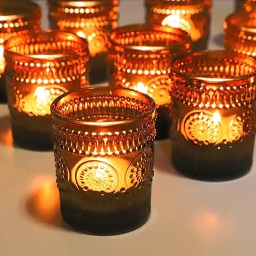 Image of Vohocandle 12pcs Brown Tea Light Candle Holders Sunflower Embossed, Boho Tealight Holders for Party Decorations, Room Decor, Vintage Tealight Holders Glass for Wedding(5.5cm*6.5cm, W/H)