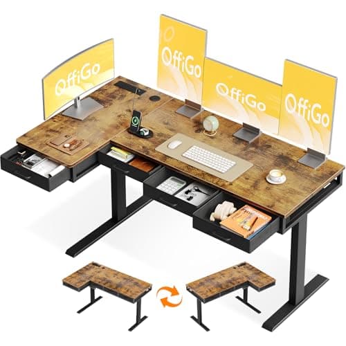Image of OffiGo Standing Desk, 160x80cm Corner Electric Desk with 4 Drawers, Large L Shaped Table with Socket, Height Adjustable Rising Table with Storage for Sit Stand Home Office Workstation, Rustic Brown