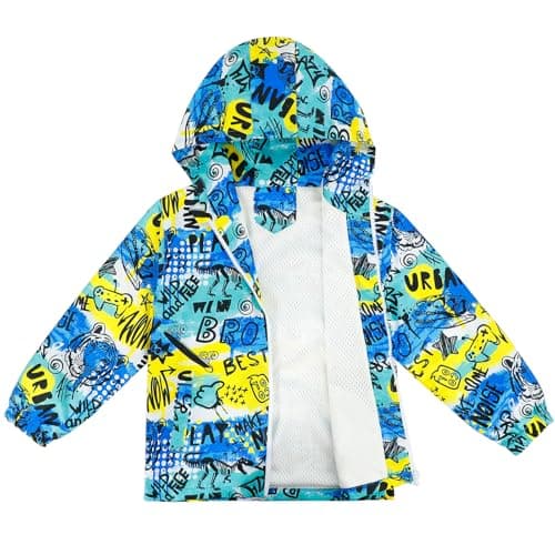Image of LACOFIA Boys Waterproof Jacket Kids Windbreaker School Hooded Coat Mesh Lined Lightweight Raincoat for Children Blue Graffiti 11-12 Years