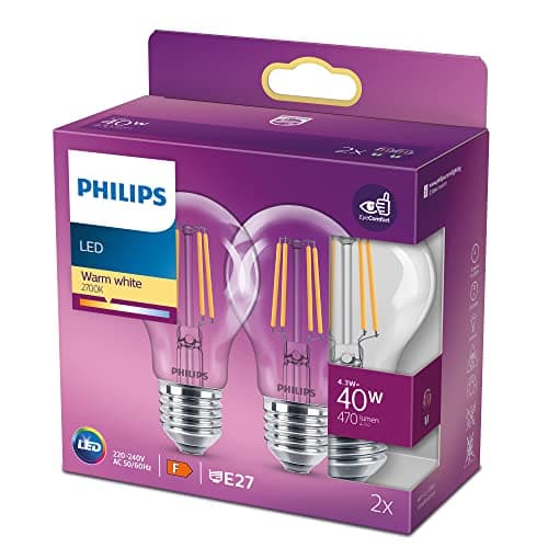 Image of Philips LED Classic A60 Light Bulb 2 Pack [E27 Edison Screw] 4.3 - 40W Equivalent, Warm White (2700K), Non Dimmable
