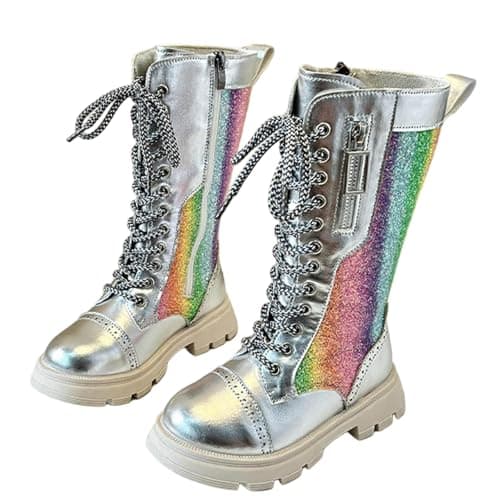 Image of Saxrel Silver Girls Knee High Boots Kids Lace Up Side Zipper Sweet Steampunk Style Thick Rubber Sole Stitching Faux Leather School Shoes Waterproof Combat Shoes UK Size 11.5