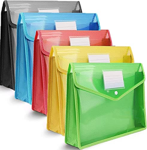 Image of 5 Pcs Plastic Wallet Folders with Popper - Document Pockets with Button, Plastic Envelope Wallets Files for A4 documents Papers,Red Blue Yellow Green Black - Pack of 5