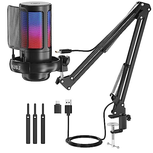 Image of NJSJ USB Gaming Microphone Kit for PC, RGB Condenser Microphone Podcast Mic with Monitoring Jack, Quick Mute, Gain Control, Boom Arm Stand for Recording Twitch Mac PS4/5 (Black)