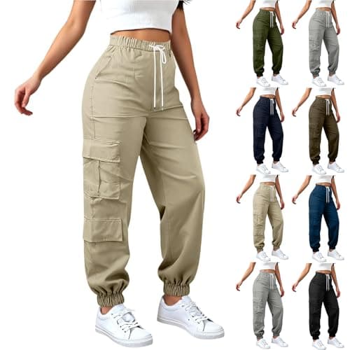 Image of Womens Cargo Trousers with Side Pockets Combat Trousers with Multiple Pockets Cargo Pants High Waist Drawstring Tracksuit Solid Color Casual Pants Ladies Jogging Bottoms Beige