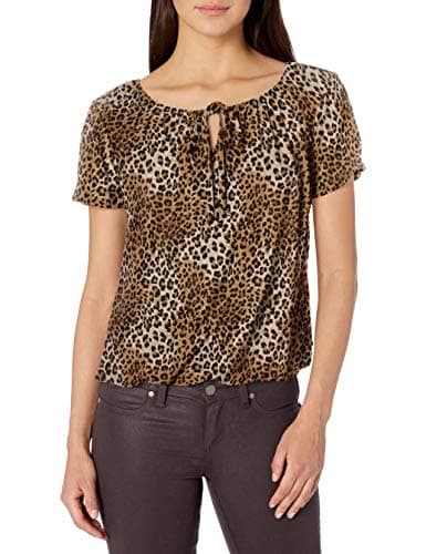 Image of Star Vixen Women's Short/Slit Sleeve Keyhole-Tie Peasant Top Bubble Hem Blouse, Leopard Print, Large