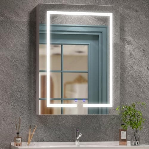 Image of BELIWIN Bathroom Mirror Cabinet 600 x 800 mm with LED Lights, Touch Control, 3 Colour Dimmable Illuminated Mirror, Demister Pad & Shaver Socket