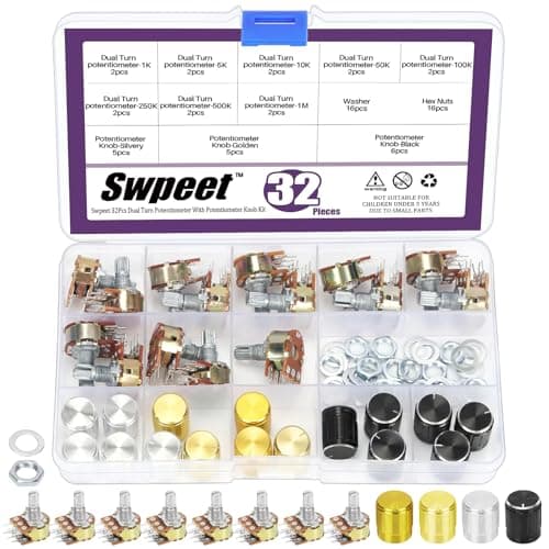 Image of Swpeet 32Pcs 8 Type B1K 5K 10K 50K 100K 250K 500K 1M Ohm 6 Pins Split Shaft Rotary Linear Dual Taper Audio B Type Potentiometer with 3 Kinds Aluminum alloy Knob(WH148) and Washers and Nuts Kit