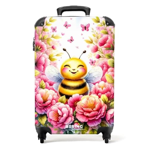 Image of NoBoringSuitcases.com® Children's Luggage Kids Suitcase for Girls - Hand Luggage 55x40x20 cm - Cabin Suitcase - Yellow Bee Pink Flowers - Lightweight Hard Shell Trolley on Wheels - 20" - 10kg