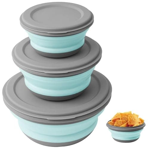 Image of flintronic 3Pcs Collapsible Camping Bowl Sets, Portable Silicone Bowl with Lid, Folding Bowl, Portable Salad Bowl, Folding Lunch Box for Camping, Hiking, Kitchen, School, Blue