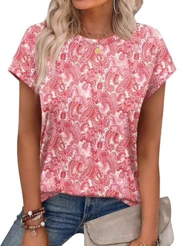 Image of Aokosor 2026 Womens Summer Tops Floral Printed Short Capsleeve Shirts Crew Neck Casual Short Sleeve Red Flower Ladies Tops Size 10-12 for UK