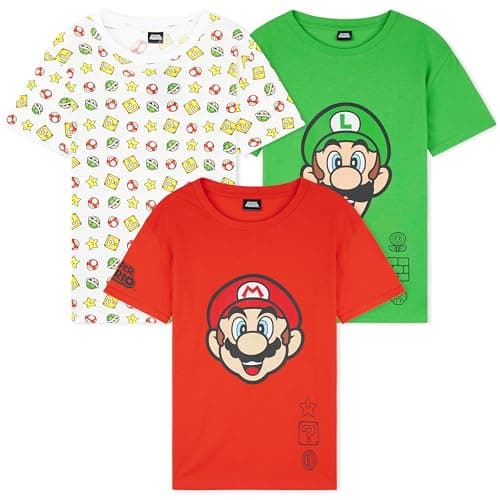 Image of Get Trend Super Mario Boys T-Shirts 5-14 Yrs, 3 Pack Crew Neck Short Sleeve Tee Tops, Soft Casual Summer Clothes, Gaming Gifts for Boys (9-10 Years, Multi)