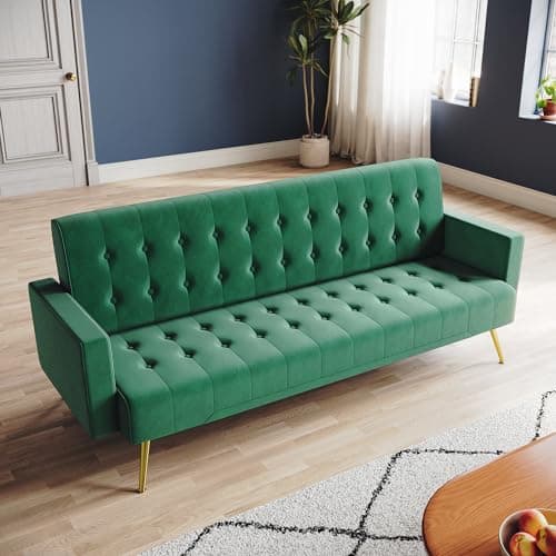 Image of ZANOFIRA 3 Seater Click Clack Sofa, Green Luxury Velvet Mid Century Modern Couches w/Square Armrest Comfy Small Sofas for Living Room, Bedroom, Apartment, Home Office