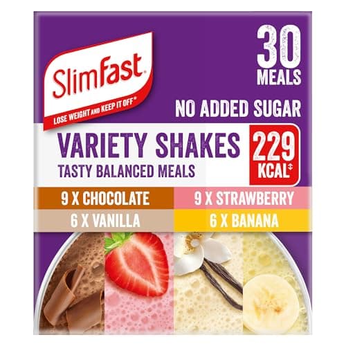 Image of SlimFast Variety Shakes Sachet Assorted Box, Tasty Shakes for Balanced Diet, Chocolate, Strawberry, Vanilla and Banana Flavours, 10 Count (Pack of 3)