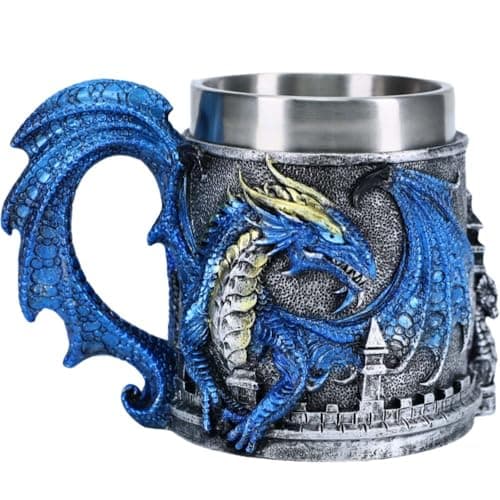 Image of ZONSUSE Medieval Dragon Tankard, Pterosaur Beer Mug with Castle Base, Gothic Stainless Steel Beer Stein with Dragon Wing Handle, Personalized Gifts for Man, Gothic Home Party Decor 450ml (Blue)