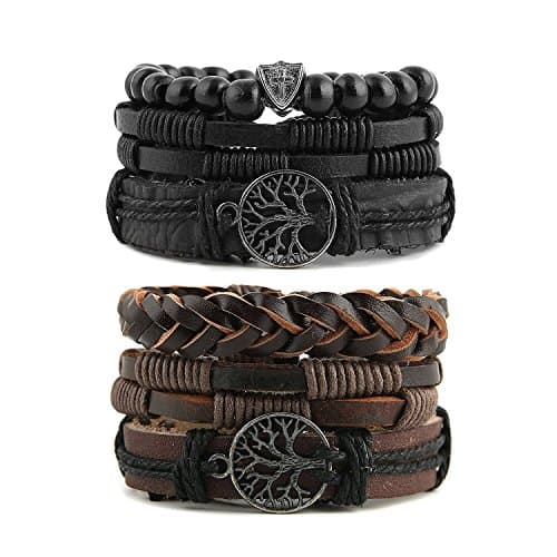 Image of HZMAN Genuine Leather Tree of life Bracelets Men Women, Tiger Eye Natural Stone Lava Rock Beads Ethnic Tribal Elastic Bracelets Wristbands