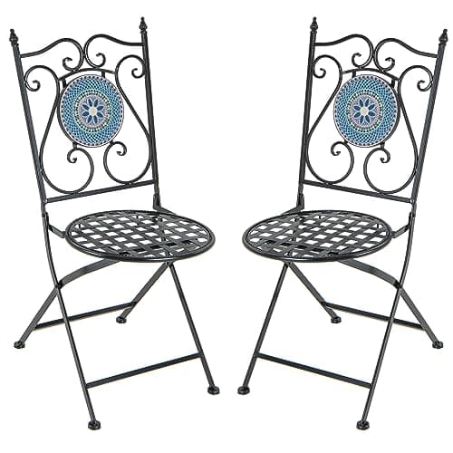 Image of COSTWAY Garden Bistro Chairs, Set of 2 Folding Mosaic Dining Chair with Backrest, Weather Resistant Metal Outdoor Furniture Seats for Patio Yard Balcony (Blue)