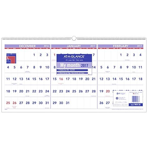 Image of AT-A-GLANCE Wall Calendar 2017, Three Month View, 15 Months, December Start, 23-1/2 x 12", Wirebound (PM14-28)