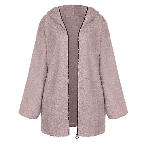 Image of Women's Winter Tops Women's Artificial Wool Plus Size Solid Color Sweatershirt Hooded Pullover Warm Wool Plush Coat Jacket Hoodies Outwear Cardigan Coat Vintage Jackets For Women Uk (Pink, M)