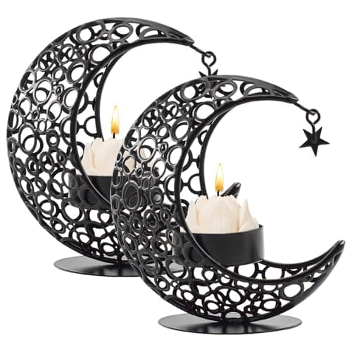 Image of MrMrKura Moon Candle Holders Set of 2, Metal Tealight Candle Holder for Table Centerpiece Decorative Votive Candlesticks Holder for Party Home Decor (Black)