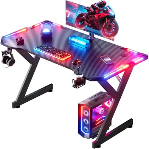 Image of DLONGONE Gaming Desk with LED Lights, Whole Board RGB Gaming Table, Gamer Desk with Cup Holder and Headphone Hook, Computer Desk 100 x 60 cm, Black