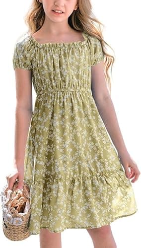 Image of Haloumoning Girls' Dresses Square Neck Floral Dress Dresses Summer Puff Sleeves A-line Midi Dress Kids Party Dress, Green, 11-12 Years