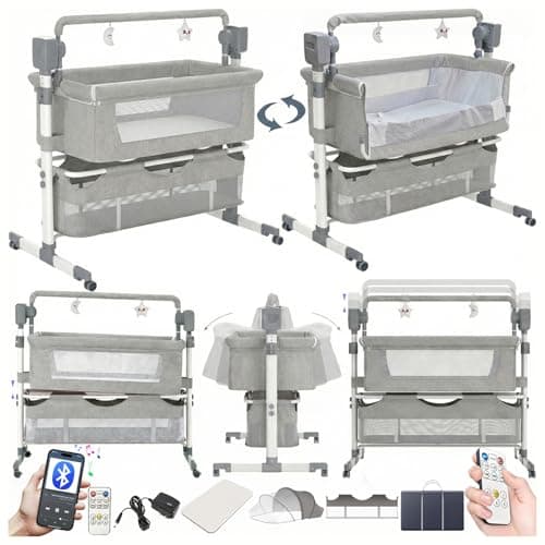 Image of Magic ZC Baby Bedside Crib Baby, Cot Multifunctional Bassinet Infant Bedside Sleeper Convertible, Cradle with Bluetooth Music 5 Swaying Gears Remote Control, Portable Foldable Swing (Light Grey-1)