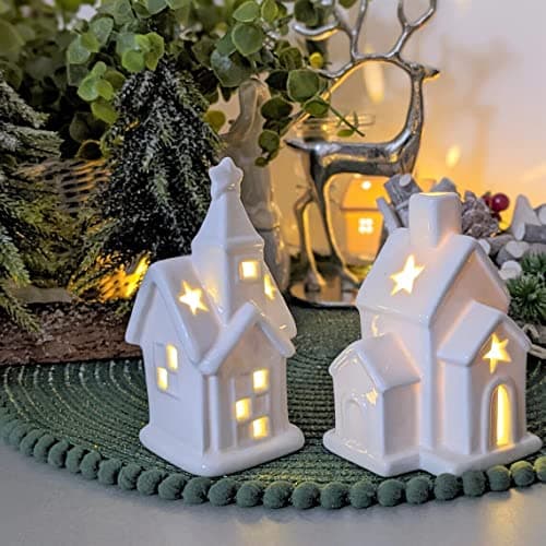 Image of Set of LED White Ceramic Church and House with Batteries Christmas LED Village Scene Decoration