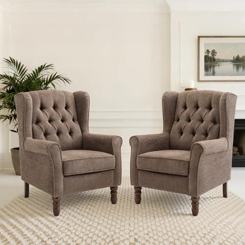 Image of COLAMY Mid-Century Modern Living Room Accent Chair, Button Tufted Wingback with Thick Padded Seat, Upholstered Armchair, Fabric Sofa Arm Chair with Solid Wood Legs for Bedroom/Office/Café,Brown