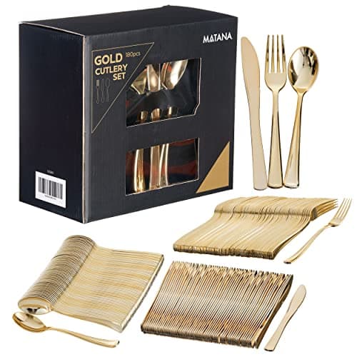 Image of MATANA - 180 Elegant Gold Plastic Cutlery Set - 60 Knives, 60 Forks, 60 Spoons - Hand Washable, Reusable & Heavy Duty Tableware for Weddings, Birthday, Parties & Events