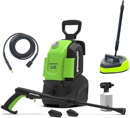 Image of Greenworks G20 Compact Pressure Washer, 110 Bar, 456L/hour, 1400W with 5m Hose and Cleaning Accessories, 3 Year Guarantee