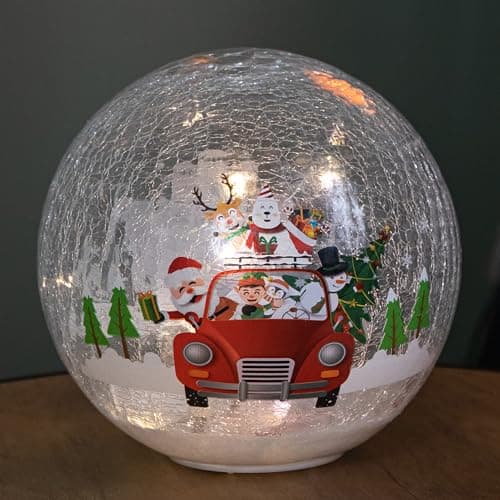 Image of Samuel ALEXANDER 20cm Battery Operated Twinkling Warm White LED Crackle Effect Ball Decoration with Santa and Friends in Car