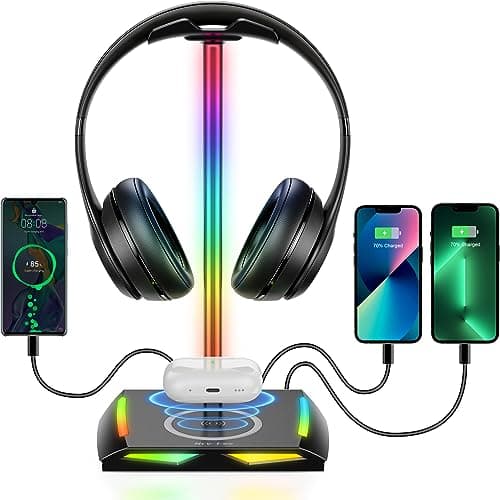 Image of New Bee RGB Headphone Stand with Wireless Charging and 2 USB-C & 1 USB Charging Ports, Desk Gaming Headset Holder with 7 Light Modes and Non-Slip Rubber Base Suitable for All Earphone Accessories