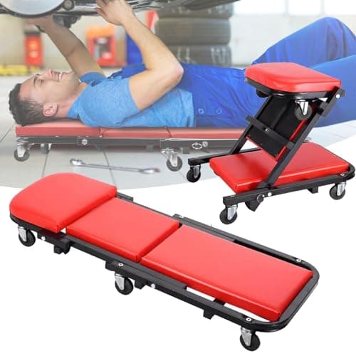 Image of Yiyai 2-in-1 Folding Car Creeper with 360° Swivel Wheels, Under Car Crawler & Mechanic Stool for Under Vehicle Repair, Motorcycle Maintenance, Garage Workshop, Extended 36", Maximum Load 150kg