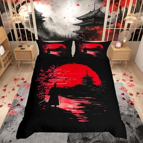 Image of Homewish Samurai Bedding Set Sunset Duvet Cover Japanese Samurai Quilt Cover Scenery Silhouette Comforter Cover Room Decoration For Men (1 Duvet Cover With 1 Pillow Case),Single Size