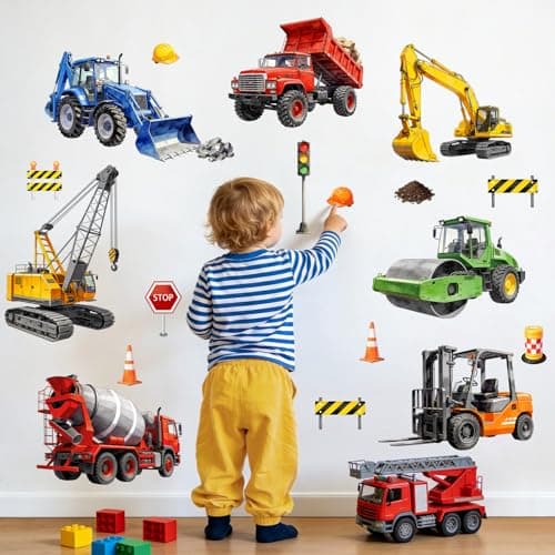 Image of Supzone Trucks Digger Car Wall Stickers Construction Vehicles Wall Art Decals for Boys Kids Nursery Bedroom Playroom Classroom Decor