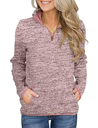 Image of iWoo Ladies Sweatshirt Casual Zip Cosy Top for Women Xmas Present Plain Clothing Oversized Soft Pullover with Pockets Pink S