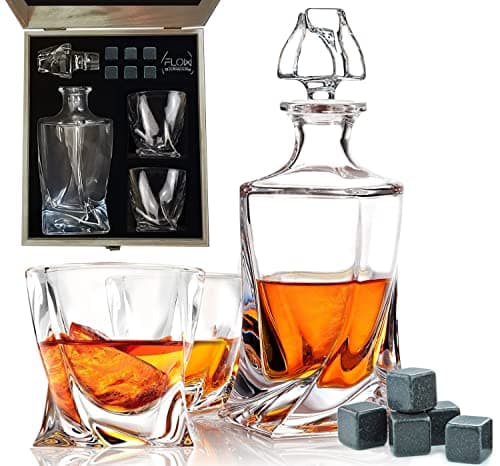 Image of FLOW Barware Whiskey Decanter and Glass Set | Twist Design Decanter, 2 Tumblers, 6 Granite Stones | Whiskey Gift Sets for Men | Rum, Scotch, Brandy, Spirits Holder