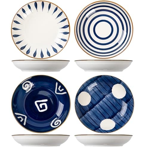 Image of TuYines Ceramic Deep Dinner Plates Set of 4 Patterned,8 Inch Ceramic Dessert Plates,Salad Plates Set,Dinnerware Set for Pasta Bowls,Ramen Microwave & Dishwasher Safe