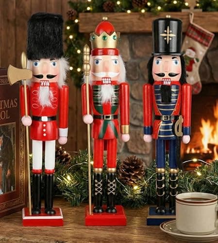 Image of I LOVE FANCY DRESS Christmas Nutcracker Soldier Decorations - Set of 3 - Busby Guard - King With Sceptre - Guard With Sword - 38cm/15” - Wooden Display Set - Festive Decorations