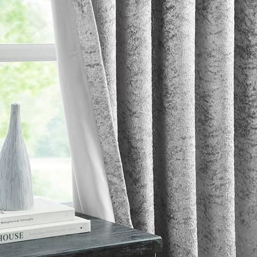 Image of Bujasso Silver Full Blackout Curtains 54 inch Eyelet Crushed Velvet with Blackout Lining Drapes for Living Room Bedroom Thermal Insulated Room Darkening Curtains 2 Panels Grommet Top W46xL54