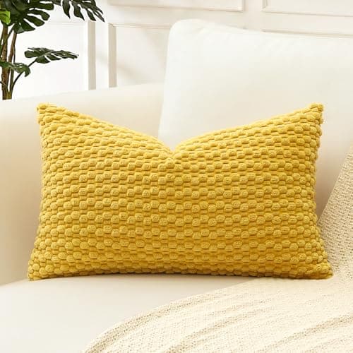 Image of Artscope Pom Poms Decorative Corduroy Cushion Cover 30x50cm Super Soft Boho Striped Lumbar Pillow Covers Case Geometric for Sofa Couch Bedroom Car Decor Set of 1, Mustard Yellow